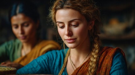 A captivating portrayal of a woman with braided hair and an intense gaze, while another figure subtly emerges in the backdrop. This image embodies an air of serenity and focus