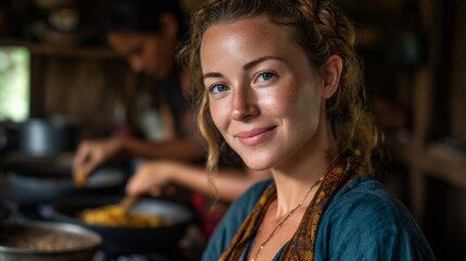 A smiling woman cooking in a kitchen, with a warm and inviting atmosphere. She looks happy and focused as she prepares food