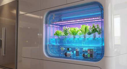 Modern indoor hydroponic system integrated into kitchen wall for growing fresh lettuce and herbs with blue led grow lights, smart home gardening and sustainable lifestyle technology.