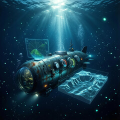 Steampunk style research submarine underwater with holographic sonar map and topographical visualization, deep sea exploration and maritime technology concept.
