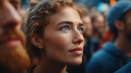 A portrait of a beautiful woman with captivating eyes, surrounded by a crowd. The woman has curly hair and a contemplative expression, gazing into the distance