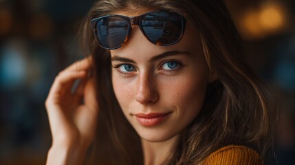 Beautiful woman portrait with sunglasses, radiant face and long hair. The woman showcases a confident and engaging look. 