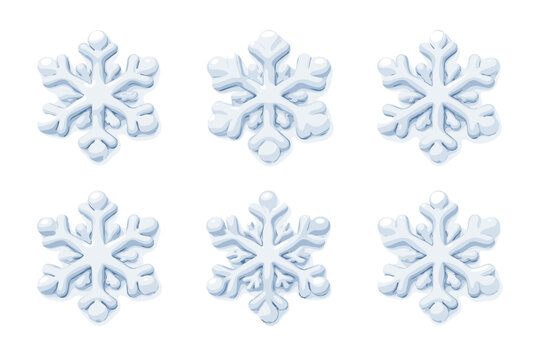 Collection of six unique cartoon-style snowflakes on a white background