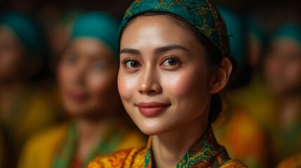 An Asian woman wearing traditional cultural attire, showcasing elegance and grace. The woman's portrait reveals a serene smile and the details of her ensemble