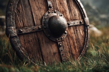 Authentic Viking Shield on Grassy Ground, Jorvik Festival Reenactment, Historical Battle Gear Detail