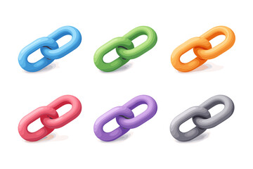 Collection of six colorful cartoon chain links isolated on a white background
