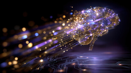 Glowing abstract digital brain with streaming light particles and circuitry, futuristic neural network energy flow