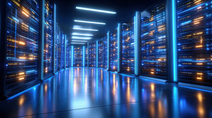 Futuristic data center aisle glowing with blue and orange server lights, sleek reflective floor and endless racks