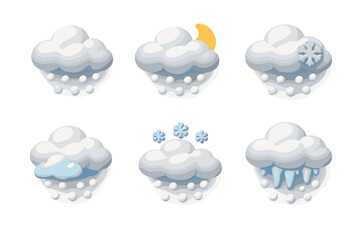 Collection of cartoon weather icons depicting various precipitation types and conditions