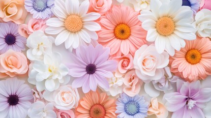 Colorful floral pattern with pastel flowers in a detailed arrangement showing various types of blooms