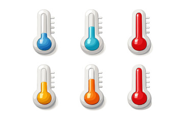 Collection of six cartoon thermometers showing different temperature readings in blue, orange, and red