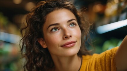 A woman is shopping in the grocery store while looking at something with a smile on her face