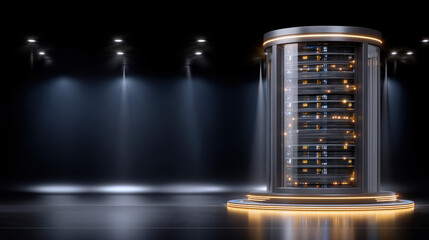 Monolithic server rack illuminated data center showcasing futuristic mainframe with warm accent lighting and reflective floor