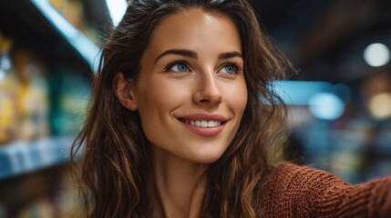 A portrait of a smiling woman shopping at a supermarket