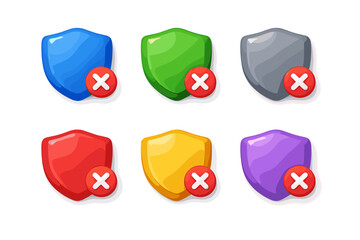 Collection of colorful shields with red cross icons indicating security failure or denial