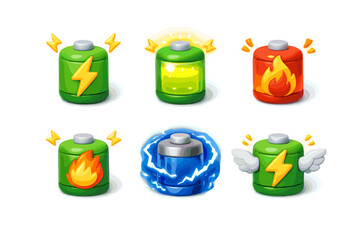 Collection of stylized battery icons representing different power levels and states