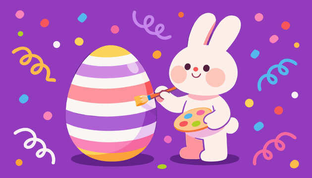 cute cartoon bunny painting colorful easter egg surrounded by festive decorations - Powered by Adobe