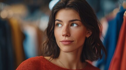 A thoughtful woman gazing into the distance while surrounded by apparel