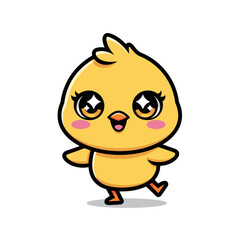 Obraz premium Adorable cartoon chick character with big sparkling eyes and rosy cheeks walking happily with a cheerful