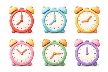 Collection of six colorful cartoon alarm clocks showing different times