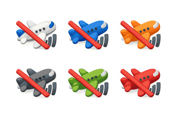 Collection of airplane icons with red prohibition sign indicating airplane mode or no signal