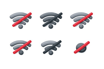 Collection of no Wi-Fi signal icons with red and black prohibition signs