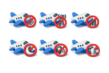 Airplane with various prohibition signs indicating restrictions during flight