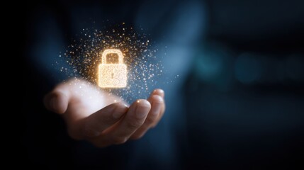 Human hand holding glowing digital lock icon, concept of control and financial responsibility, dark blurred background, strong focus, modern symbolic