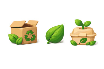 Eco-friendly packaging icons: recycling box, leaf, and seedling in biodegradable container