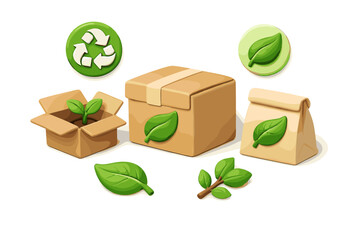 Eco-friendly packaging and recycling symbols with green leaves and sprouts