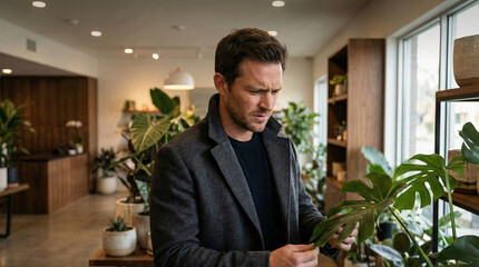 Man examining indoor plant while shopping in modern plant store  