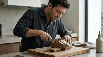 Man slicing fresh bread at home with focus and concentration  