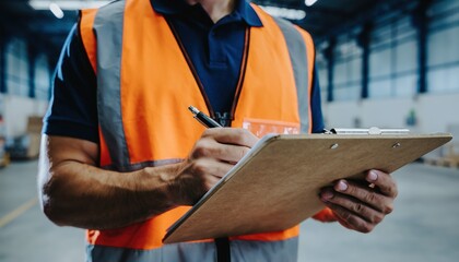 Warehouse worker in orange vest writing on clipboard.