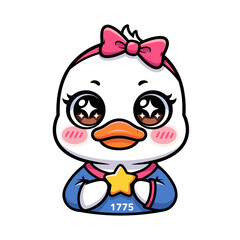Obraz premium Cute cartoon baby duckling wearing a pink bow and blue dress with a yellow star badge isolated on white