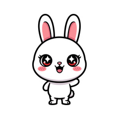 Cute kawaii white bunny rabbit character waving hello with big sparkling eyes and pink cheeks adorable