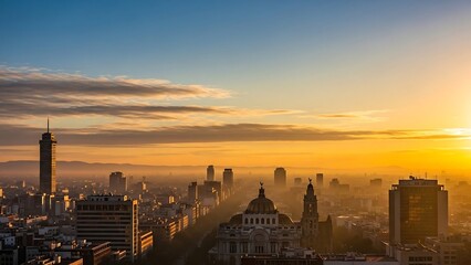 Fototapeta premium City Skyline at Sunrise with Fog.