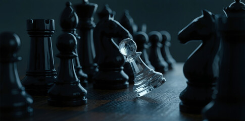 Glass pawn facing black chess pieces on chessboard, underdog strategy and courageous challenge, leadership risk, competitive business decision, dark moody close up.