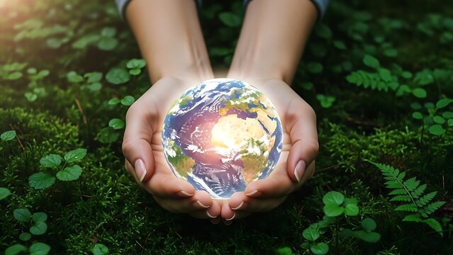 Hands Holding Earth in Forest Setting. - Powered by Adobe