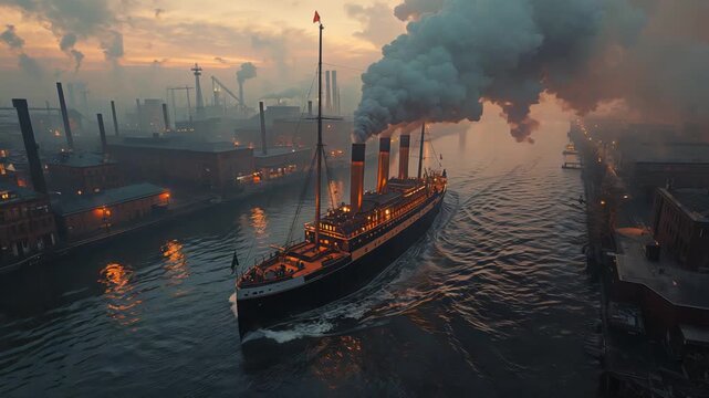 Ocean Vessel Fades Into Evening With Smoky Funnels And Warm Lights