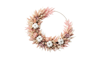 Elegant dried flower wreath with pampas grass and bunny tails isolated on transparent background