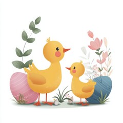 Fototapeta premium Cute duck family with easter eggs and flowers creating a cheerful spring illustration in bright pastel colors