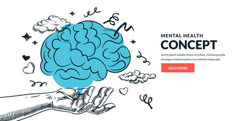 Hand holding brain. Vector sketch illustration. Mental health, emotional intelligence, balance, psychotherapy concept
