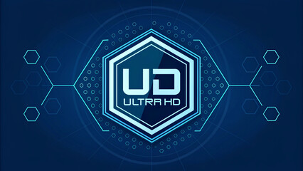 Futuristic Ultra HD Technology Logo with Hexagonal HUD Interface and Glowing Blue Circuits