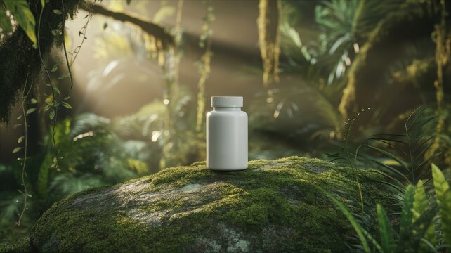 White supplement bottle on mossy rock in a lush jungle with sun rays
