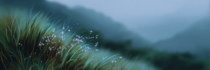 Fototapeta premium Field of grass with a few flowers in it