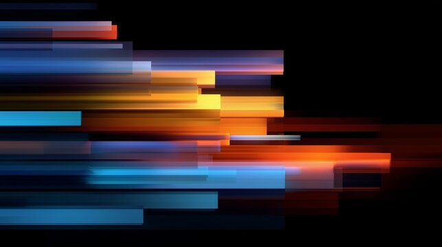 Abstract streaks of colorful light bars over black background representing digital transformation process, data flow, speed, integration and technological shift.