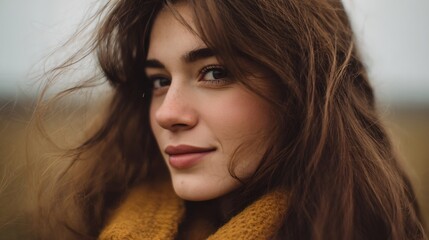 Woman with long brown hair and a yellow scarf is smiling