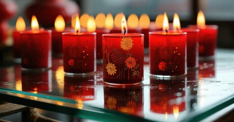Red candles illuminate glass surfaces. Warm light creates soft reflections, evoking peaceful ambiance. Delicate floral patterns adorn candle holders.