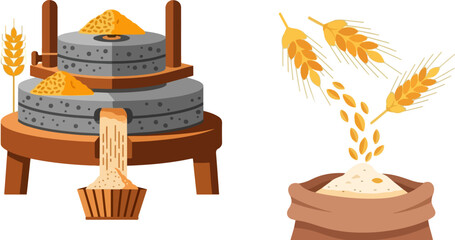Traditional stone grain mill processing wheat kernels into fine flour demonstrating ancient agricultural food production methods effectively and simply