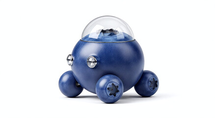 A blue robotic toy with a clear dome on top and four wheels